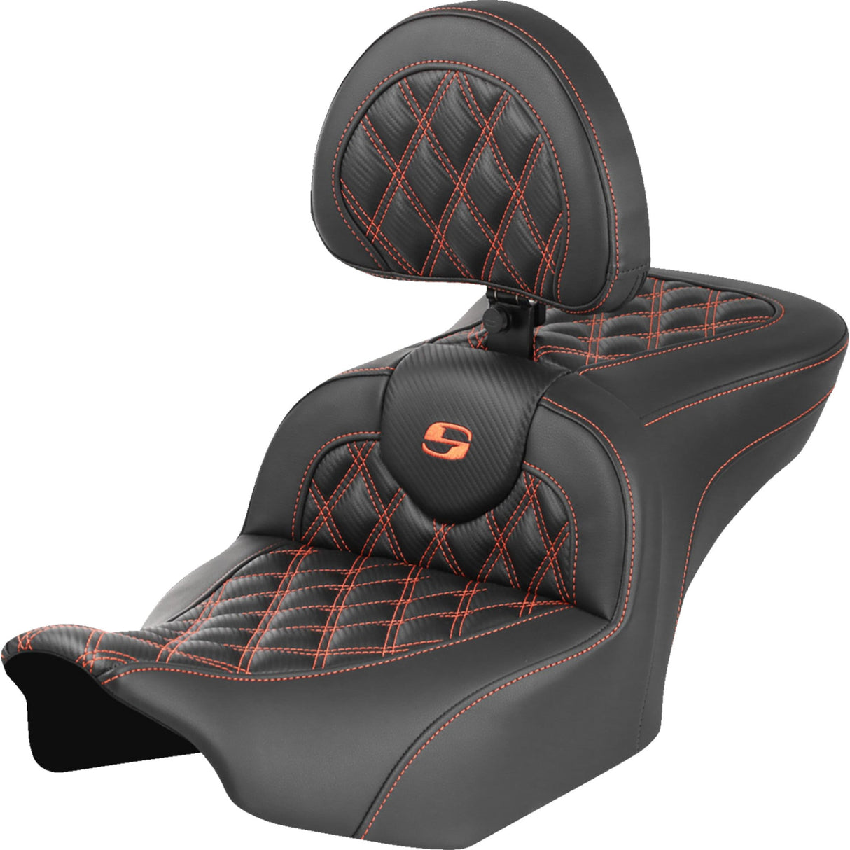 Saddlemen Roadsofa™ Lattice Stitch Seat With Backrest Carbon Fiber Orange Stitch - 823-07-206B3 For Harley Touring 2023-2026