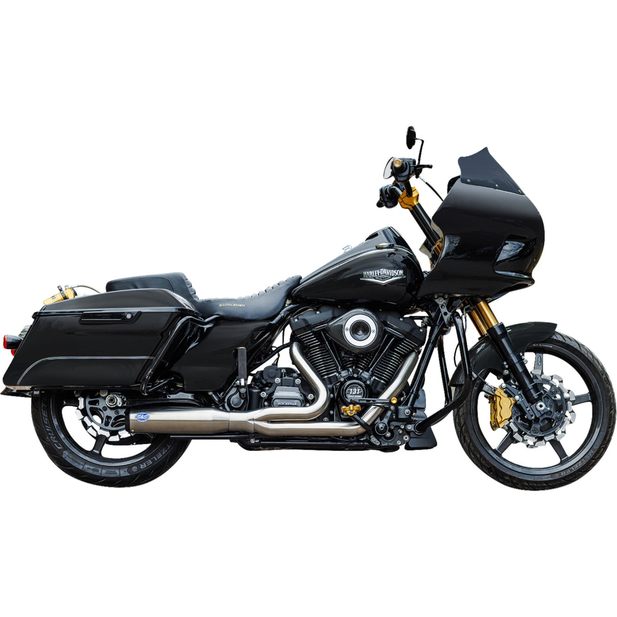 S&S Cycle 2-Into-1 Qualifier Exhaust System Race Only Brushed Stainless - 550-1107 For Harley Touring 2017-2023