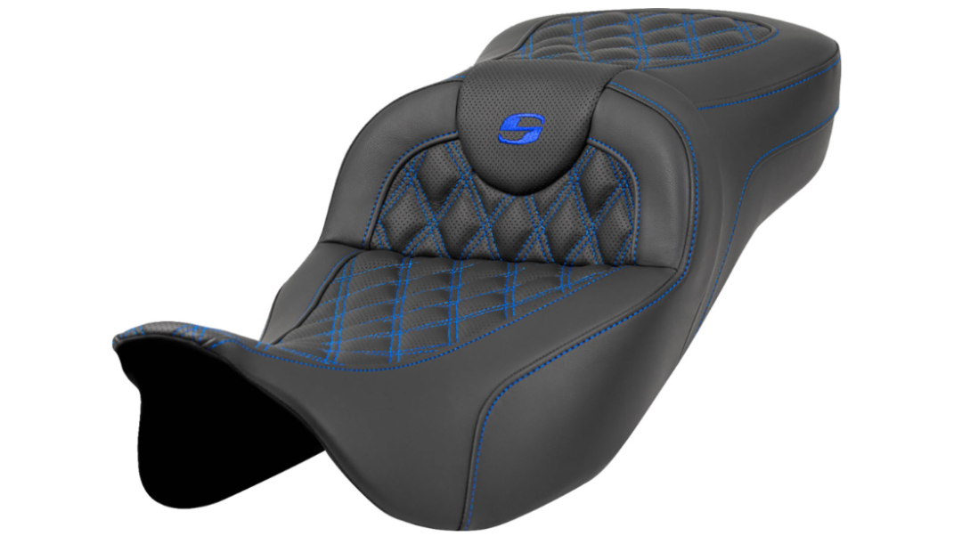 Saddlemen Extended Reach RoadSofa™ Seat Lattice Stitch Blue Stitch Without Backrest - 808-07B-18401 For Harley Touring 2008-2025
