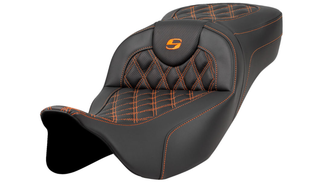 Saddlemen Extended Reach RoadSofa™ Seat Lattice Stitch Orange Stitch Without Backrest - 808-07B-18403 For Harley Touring 2008-2025