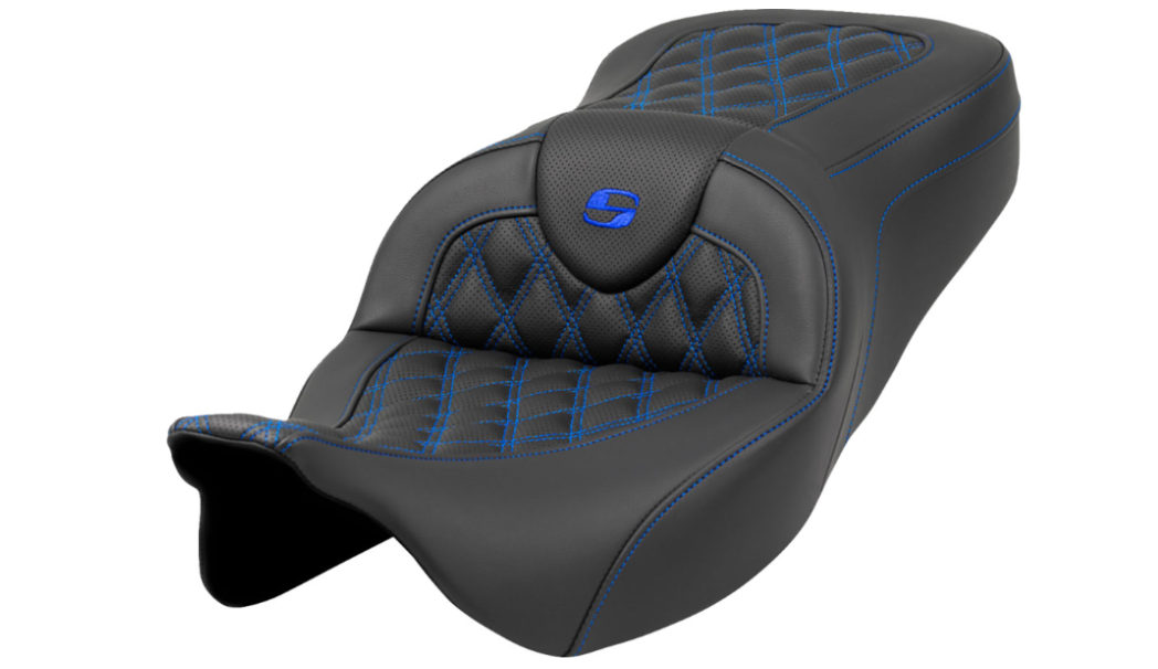 Saddlemen Roadsofa™ Lattice Stitch Seat Blue Stitch Without Backrest - 808-07B-18201 For Harley Touring 2008-2025