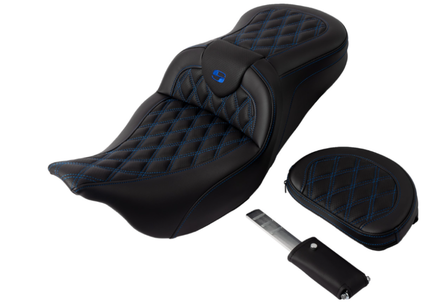 Saddlemen Roadsofa™ Lattice Stitch Seat With Backrest Blue Stitch - 808-07B-182B1 For Harley Touring 2008-2025