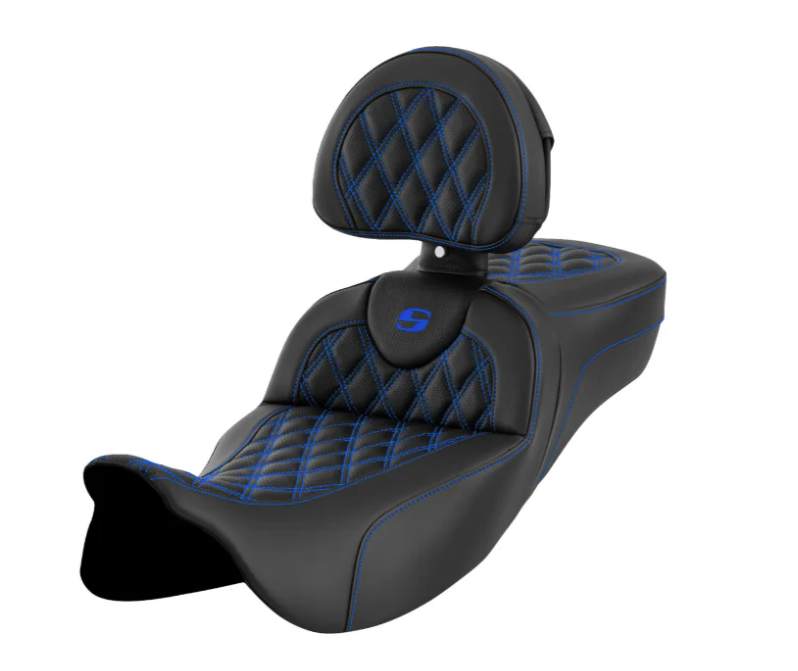 Saddlemen Roadsofa™ Lattice Stitch Seat With Backrest Blue Stitch - 808-07B-182B1 For Harley Touring 2008-2025