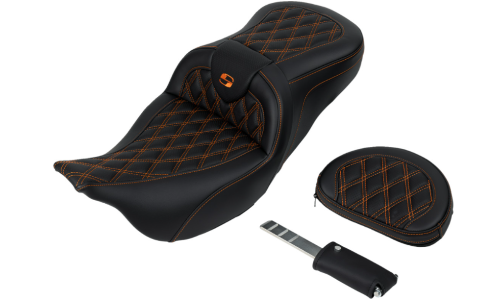Saddlemen Roadsofa™ Lattice Stitch Seat With Backrest Orange Stitch - 808-07B-182B3 For Harley Touring 2008-2025