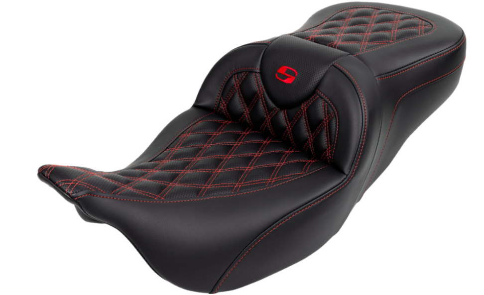 Saddlemen Roadsofa™ Lattice Stitch Seat With Backrest Red Stitch - 808-07B-182B4 For Harley Touring 2008-2025