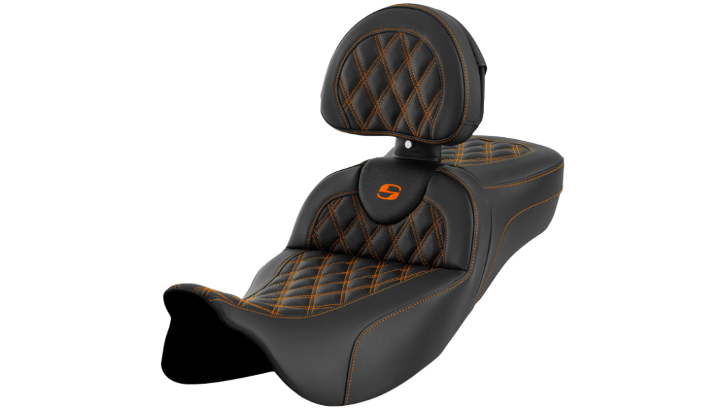 Saddlemen Roadsofa™ Extended Reach Seat Lattice Stitch Orange Stitch With Backrest - 808-07B-184B3 For Harley Touring 2008-2025