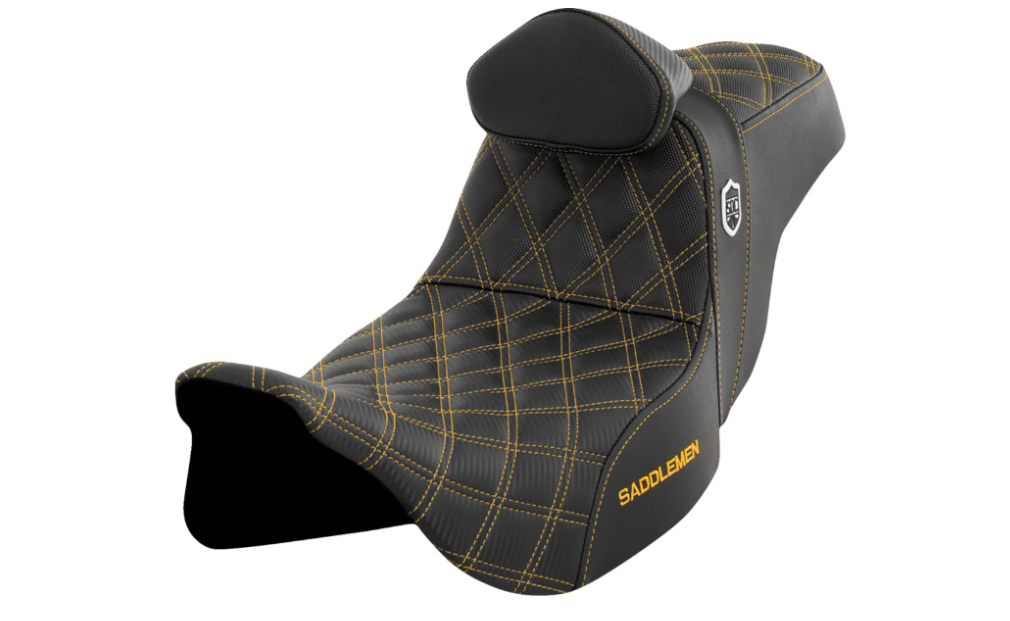 Saddlemen Pro Series SDC Performance Grip Seat With Backrest Gold Stitch - SC80807GOLRT For Harley Touring 2008-2024