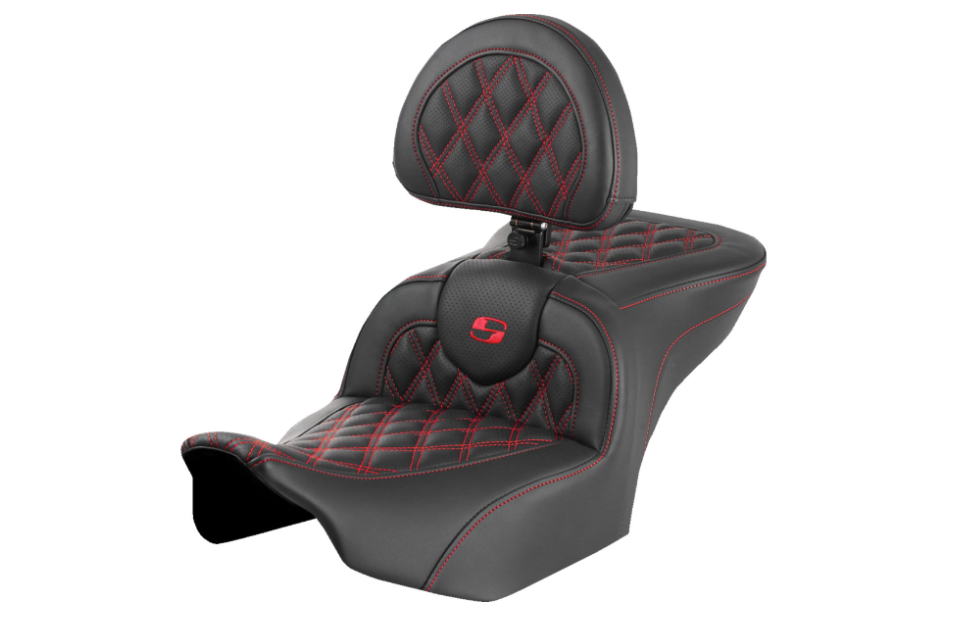 Saddlemen Roadsofa™ Lattice Stitch Seat With Backrest Red Stitch - 823-07-182B4 For Harley Touring 2023-2026