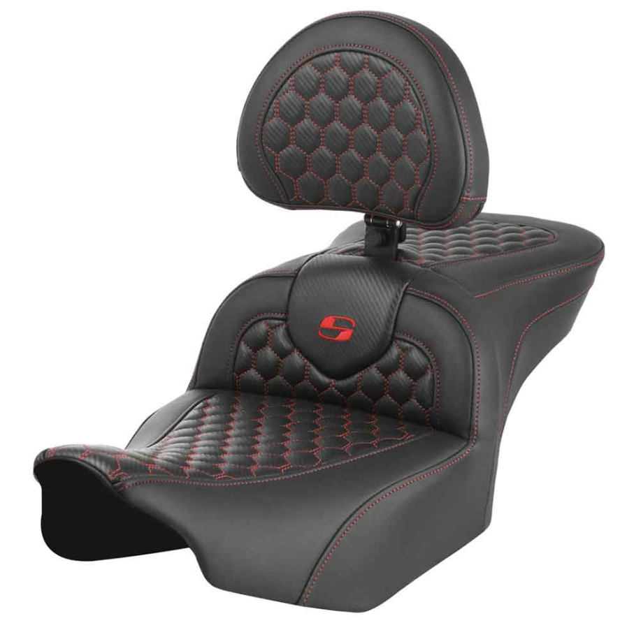 Saddlemen Honeycomb Roadsofa™ Seat With Backrest Honeycomb Red Stitch - 823-07-189B4 For Harley Touring 2023-2026