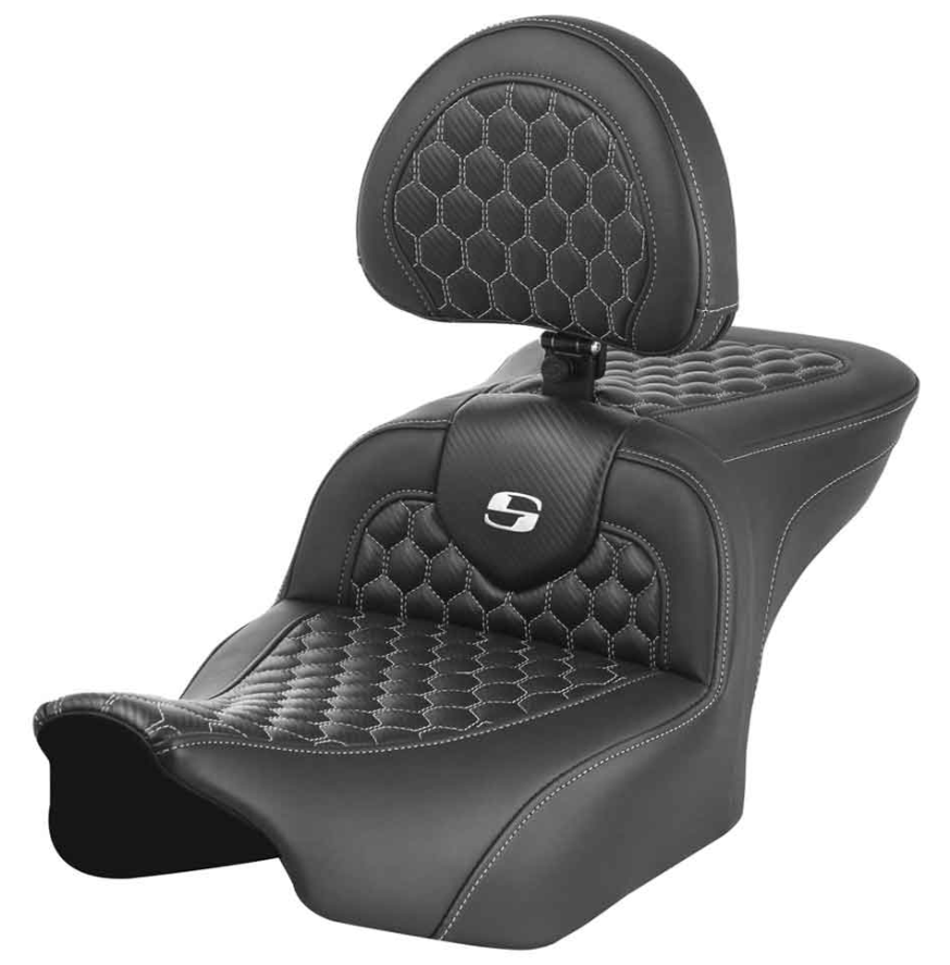 Saddlemen Honeycomb Roadsofa™ Seat With Backrest Honeycomb White Stitch - 823-07-189B6 For Harley Touring 2023-2026