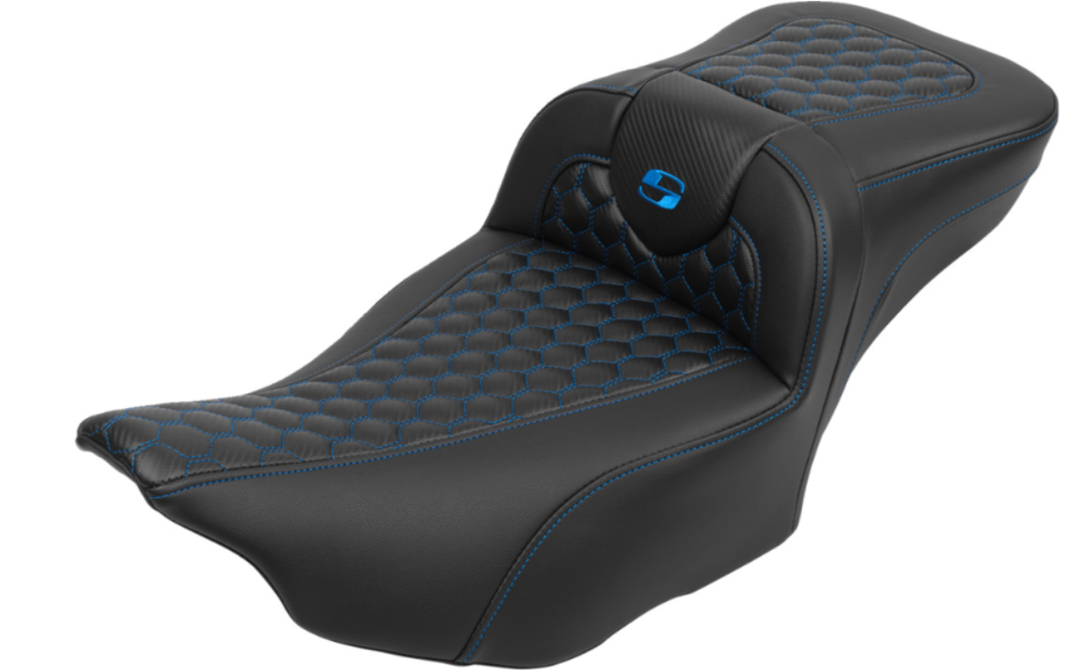 Saddlemen Roadsofa™ Extended Reach Seat With Backrest Honeycomb Blue Stitch - 823-07-190B1 For Harley Touring 2023-2026