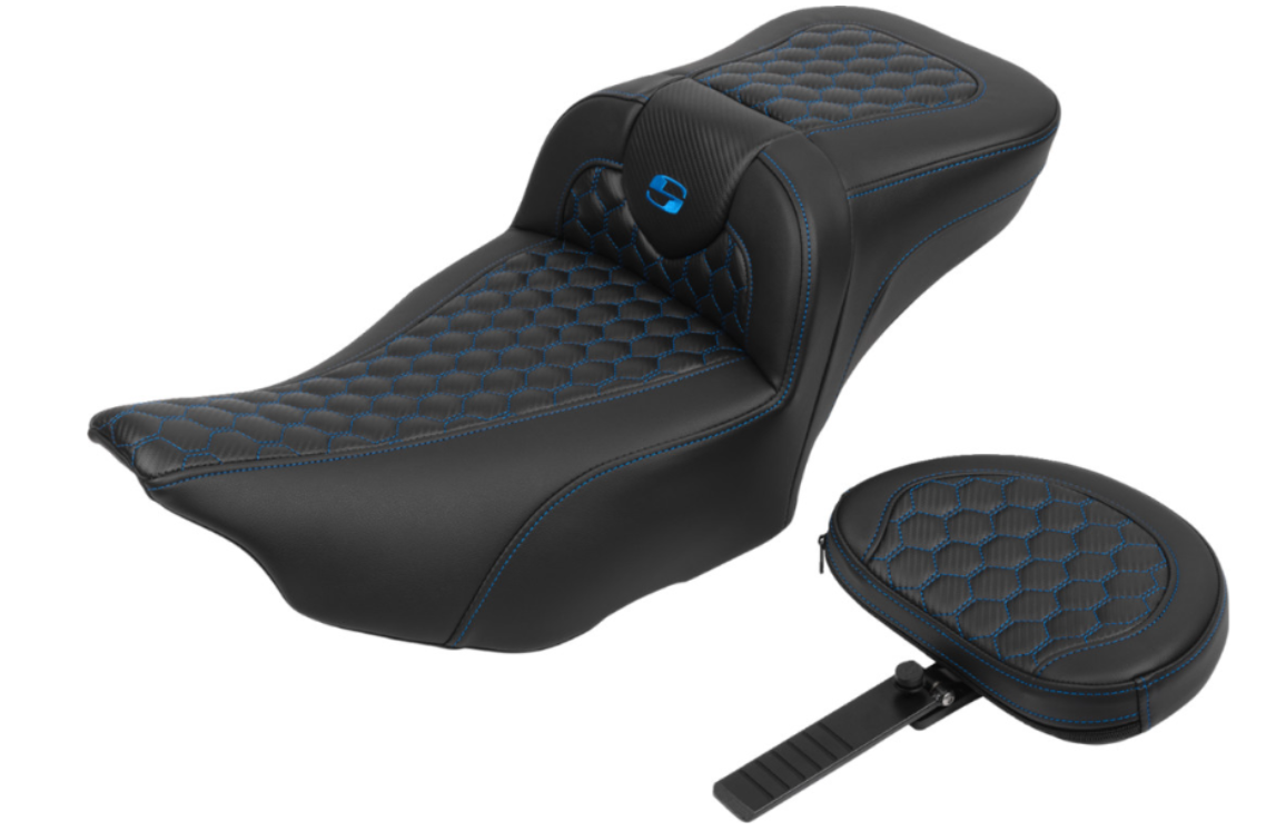 Saddlemen Roadsofa™ Extended Reach Seat With Backrest Honeycomb Blue Stitch - 823-07-190B1 For Harley Touring 2023-2026