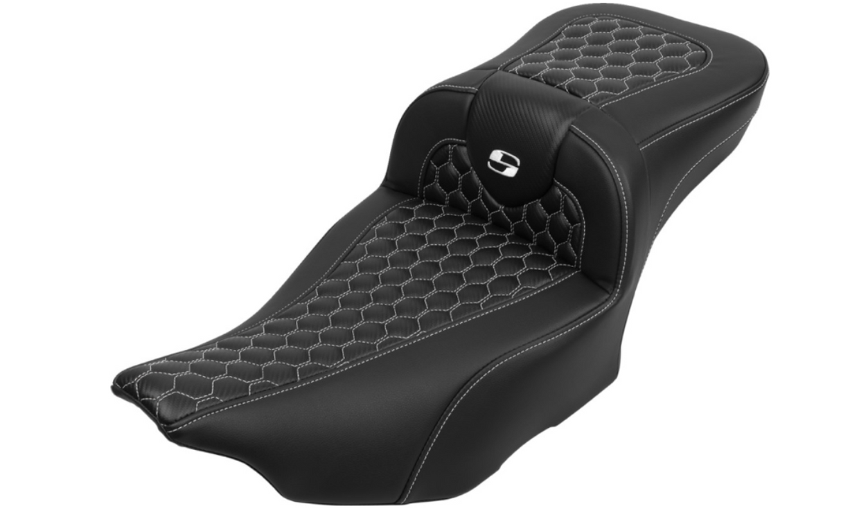 Saddlemen Roadsofa™ Extended Reach Seat With Backrest Honeycomb White Stitch - 823-07-190B6 For Harley Touring 2023-2026