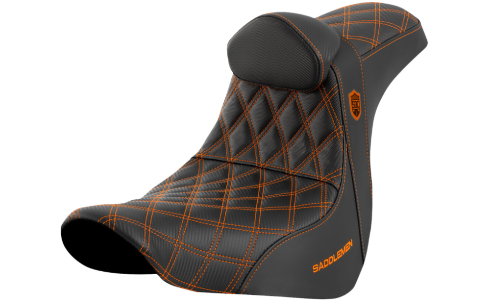 Saddlemen Pro Series SDC Performance Grip Seat With Backrest Orange Stitch FL FX - SC81829ORART For Harley Softail 2018-2026