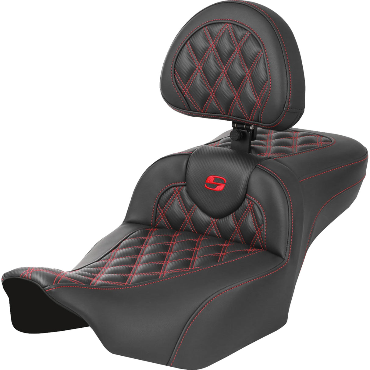 Saddlemen Roadsofa™ Extended Reach Seat With Backrest Lattice Stitch Red Stitch - 823-07-207B4 For Harley Touring 2023-2026