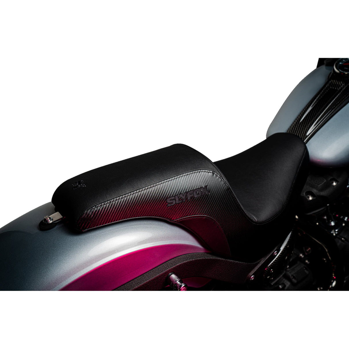 Slyfox The Lowrider Drifter Seat Black Logo Smooth Vinyl Carbon Fiber For Harley Softail 2018-2024