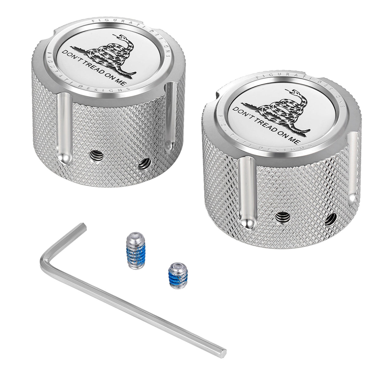 Figurati Designs Front Axle Nut Cover Front Stainless Steel Don't Tread On Me Silver - FD40-FAC-SS For Harley Motorcycles 2002-2022