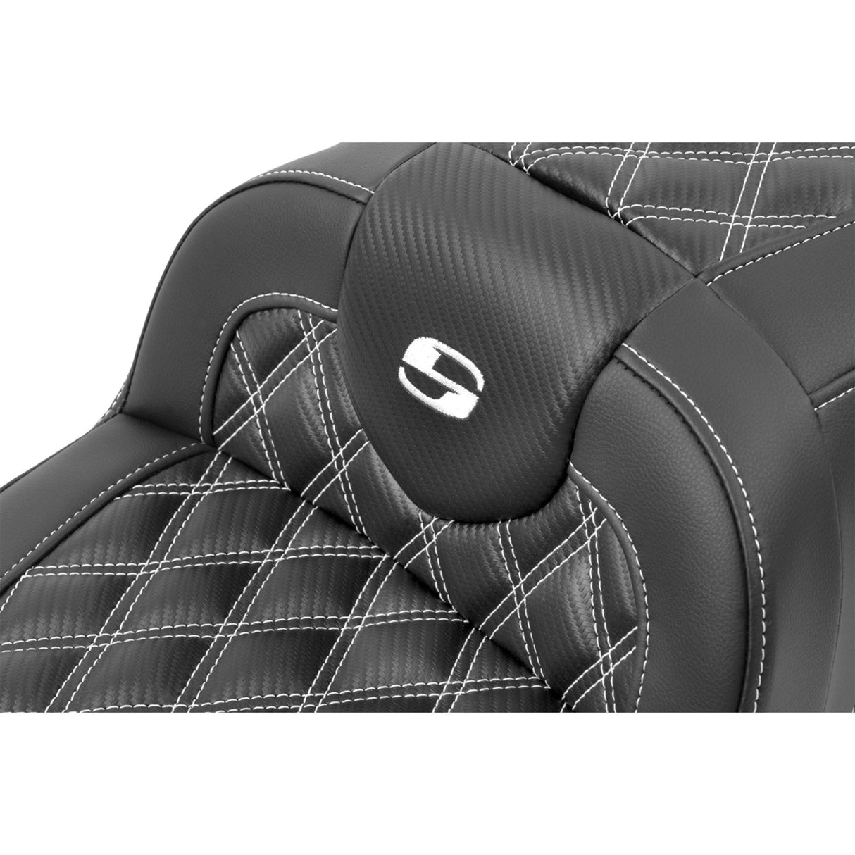 Saddlemen Roadsofa™ Lattice Stitch Seat With Backrest Carbon Fiber White Stitch - 823-07-206B6 For Harley Touring 2023-2026