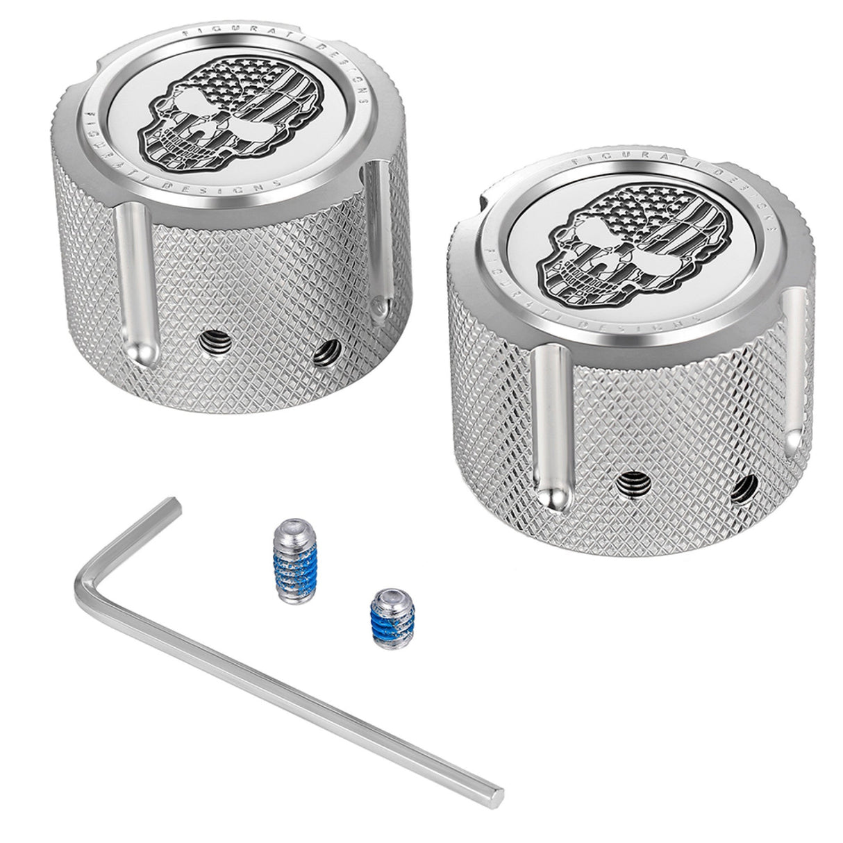 Figurati Designs Front Axle Nut Cover Front Stainless Steel American Flag Skull Contrast Cut Silver - FD27-FAC-SS For Harley Motorcycles 2002-2022