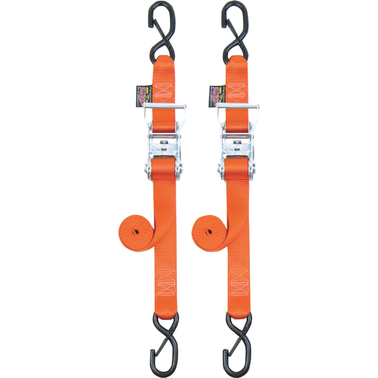 POWERTYE MFG. 3920-0325 30579-S 1-1/2" Ratchet with Safety Latch Hooks Ratchet Tie-Downs - 1-1/2" x 6-1/2' - Orange