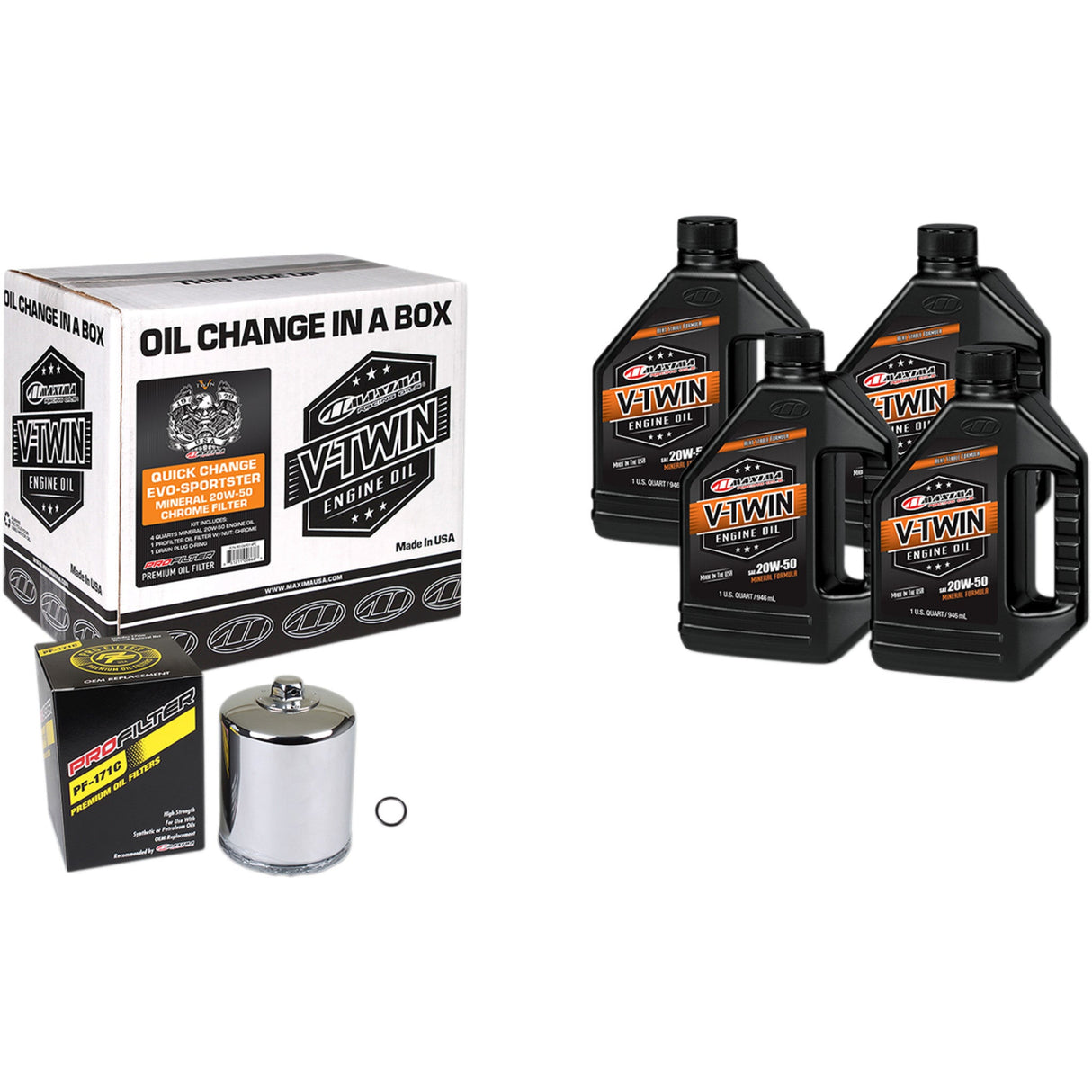 Maxima Racing OIL Quick Change Evo Sportster Mineral 20W-50 Oil Change Kit Chrome Filter - 90-069014PC For Harley Motorcycles 1984-2022