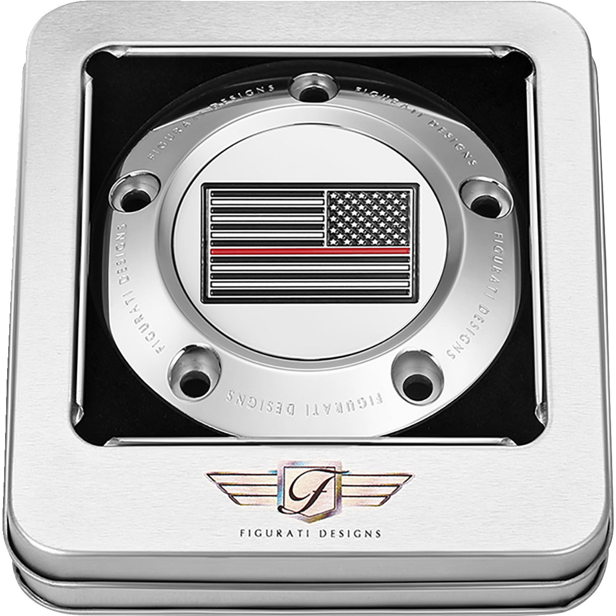 Figurati Designs Timing Cover 5 Hole Red Line American Flag Stainless Steel - FD73-TC-5H-SS For Harley Motorcycles 1999-2017