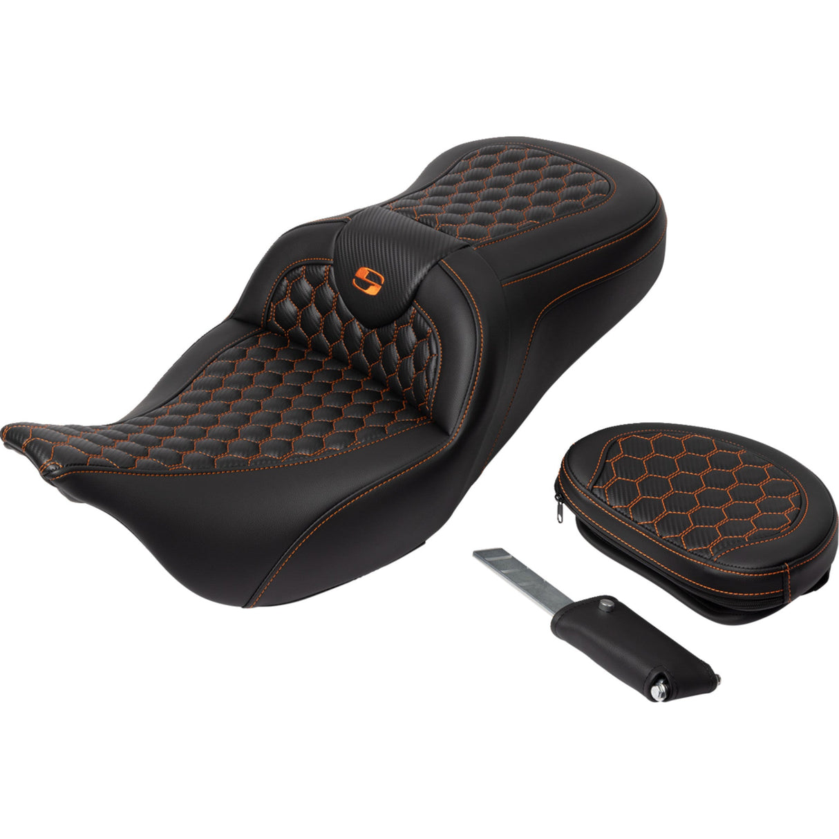 Saddlemen Honeycomb Roadsofa™ Seat Honeycomb Orange Stitch With Backrest - 808-07B-189B3 For Harley Touring 2008-2025