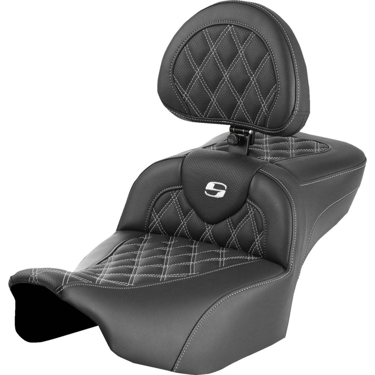 Saddlemen Roadsofa™ Extended Reach Seat With Backrest Lattice Stitch White Stitch - 823-07-184B6 For Harley Touring 2023-2026
