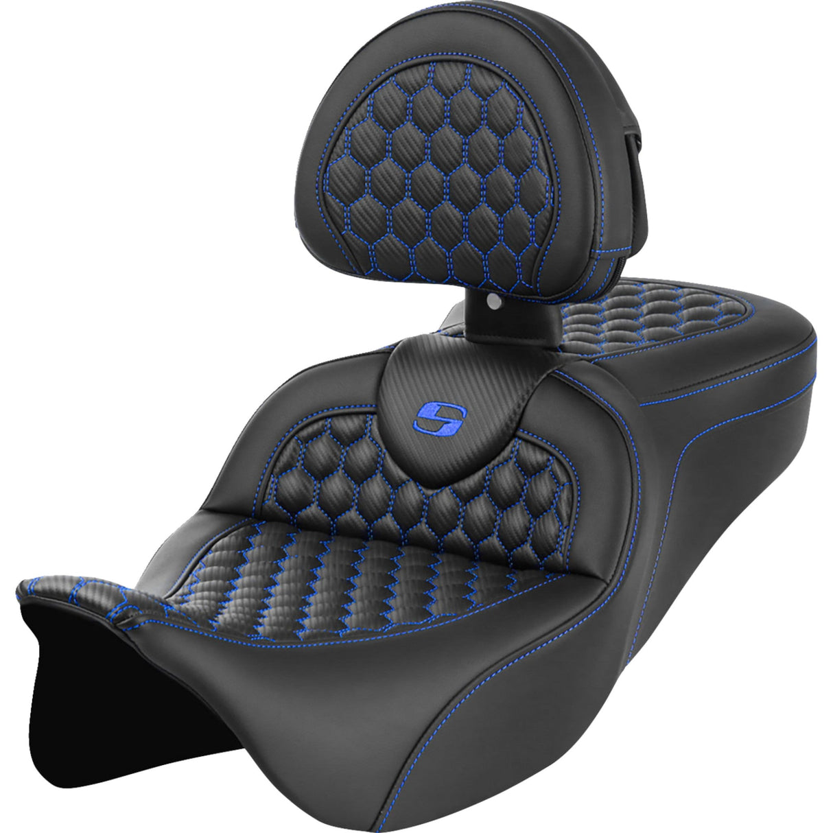 Saddlemen Honeycomb Roadsofa™ Seat Honeycomb Blue Stitch With Backrest - 808-07B-189B1 For Harley Touring 2008-2025