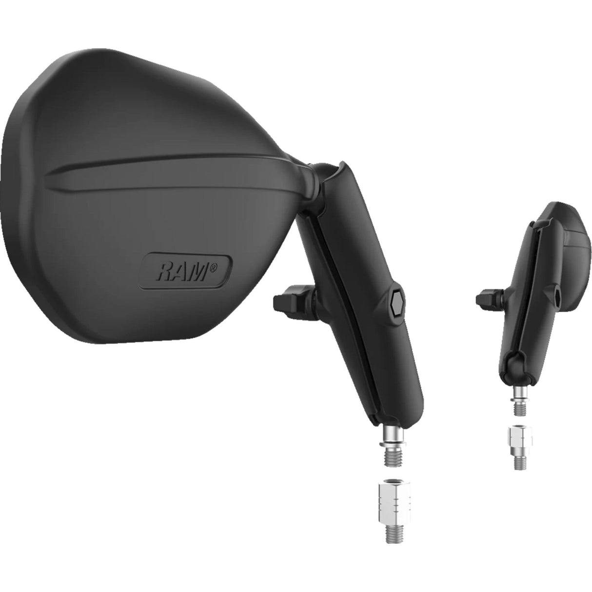 RAM MOUNTS 0640-1720 RAM-B-349-RTA-C-465R Tough-Mirror™ Kit with M10-1.25 Bases/Reverse Adapter - Long Arm Tough-Mirror™ - Side View - Oval - Black - Left/Right - Long Arm