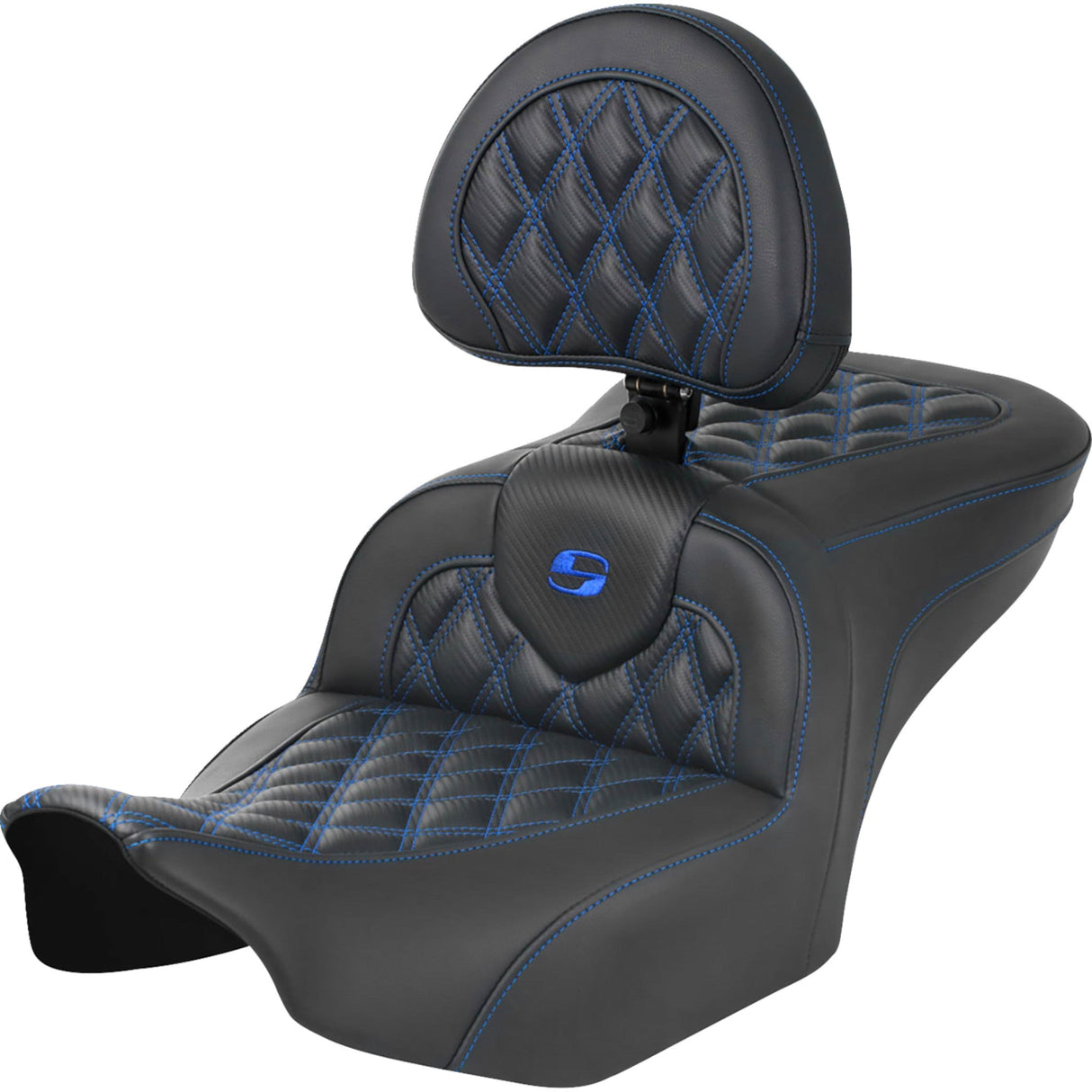 Saddlemen Roadsofa™ Lattice Stitch Seat With Backrest Carbon Fiber Blue Stitch - 823-07-206B1 For Harley Touring 2023-2026