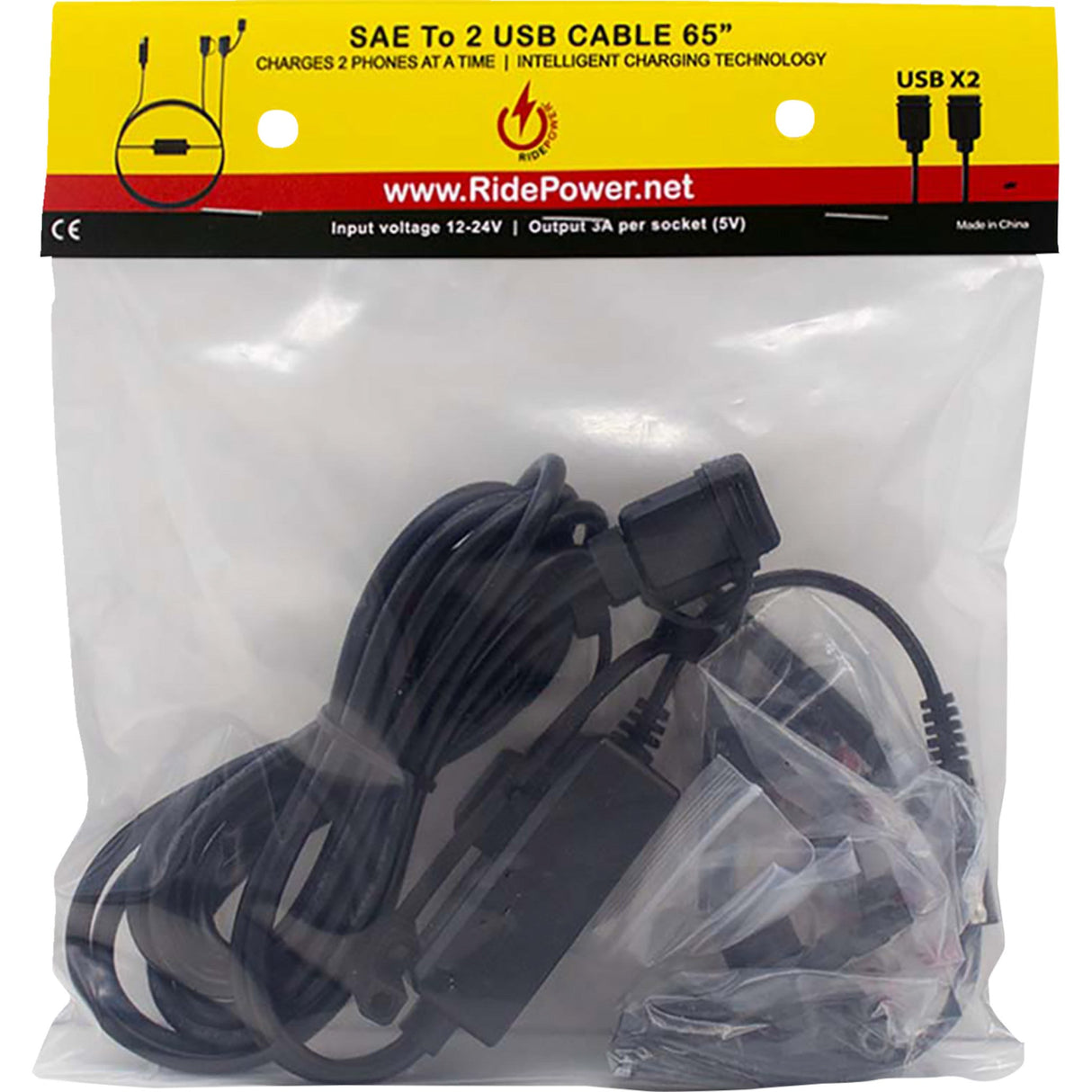 RIDEPOWER 3807-0655 RPSAE2USB65 SAE to Two USB Port with Intelligent Electronics Charging Cable SAE to Two USB Port Cable - Dual Port Charging - Split Cable - 65"