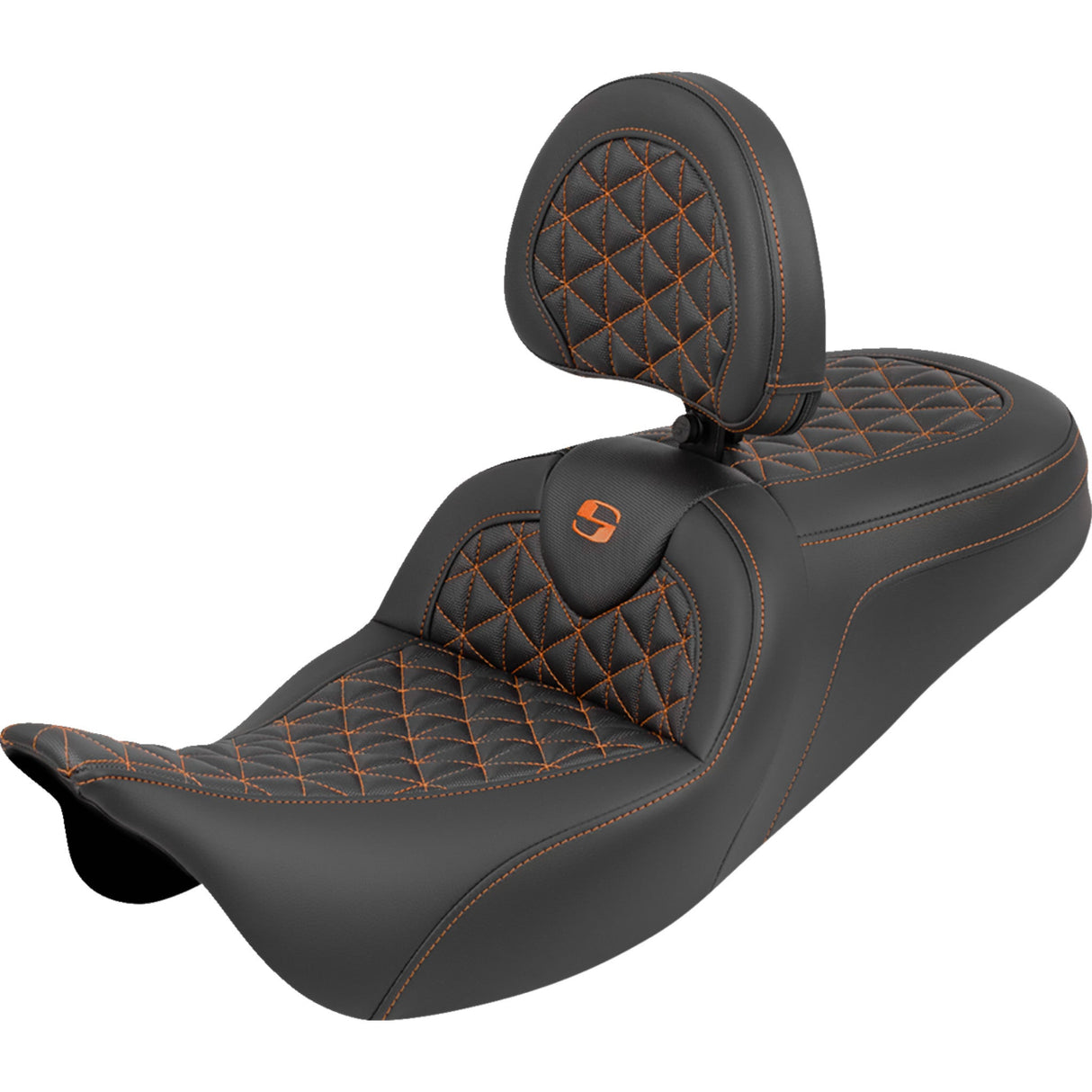 Saddlemen RoadSofa™ Tri Gripper Seat Standard Reach Orange Stitch W Backrest Flh Flt - 808-07B-210B3 For Harley Touring 2008-2025