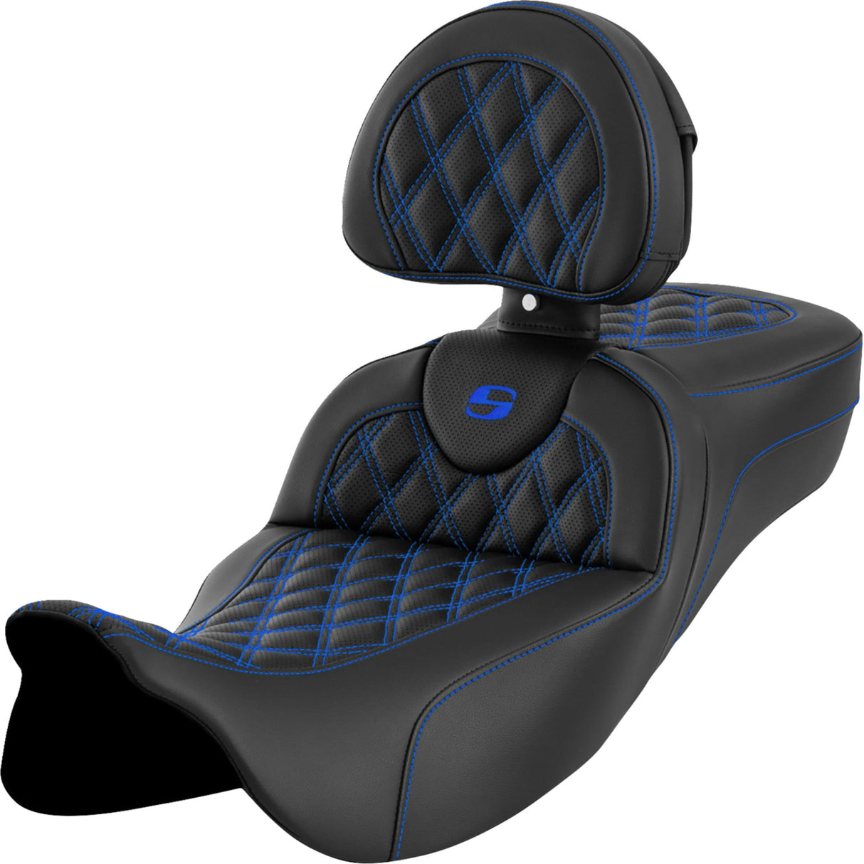 Saddlemen Roadsofa™ Extended Reach Seat Lattice Stitch Blue Stitch With Backrest - 808-07B-184B1 For Harley Touring 2008-2025