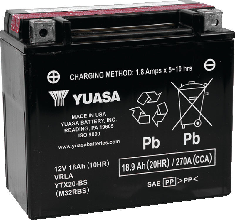 Yuasa Battery YTX20-BS Maintenance Free AGM 12-Volt Battery W Bottle - YUAM32RBS For Harley Sportster / Low / Sport / Softail 1982-1996