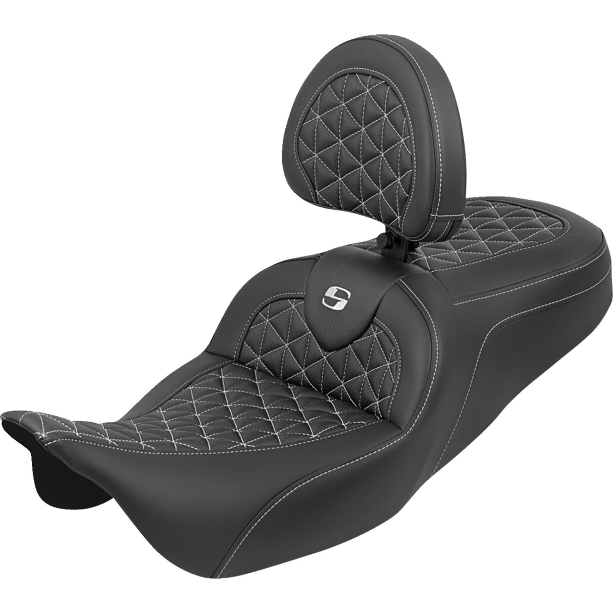 Saddlemen RoadSofa™ Tri Gripper Seat Standard Reach White Stitch W Backrest Flh Flt - 808-07B-210B6 For Harley Touring 2008-2025