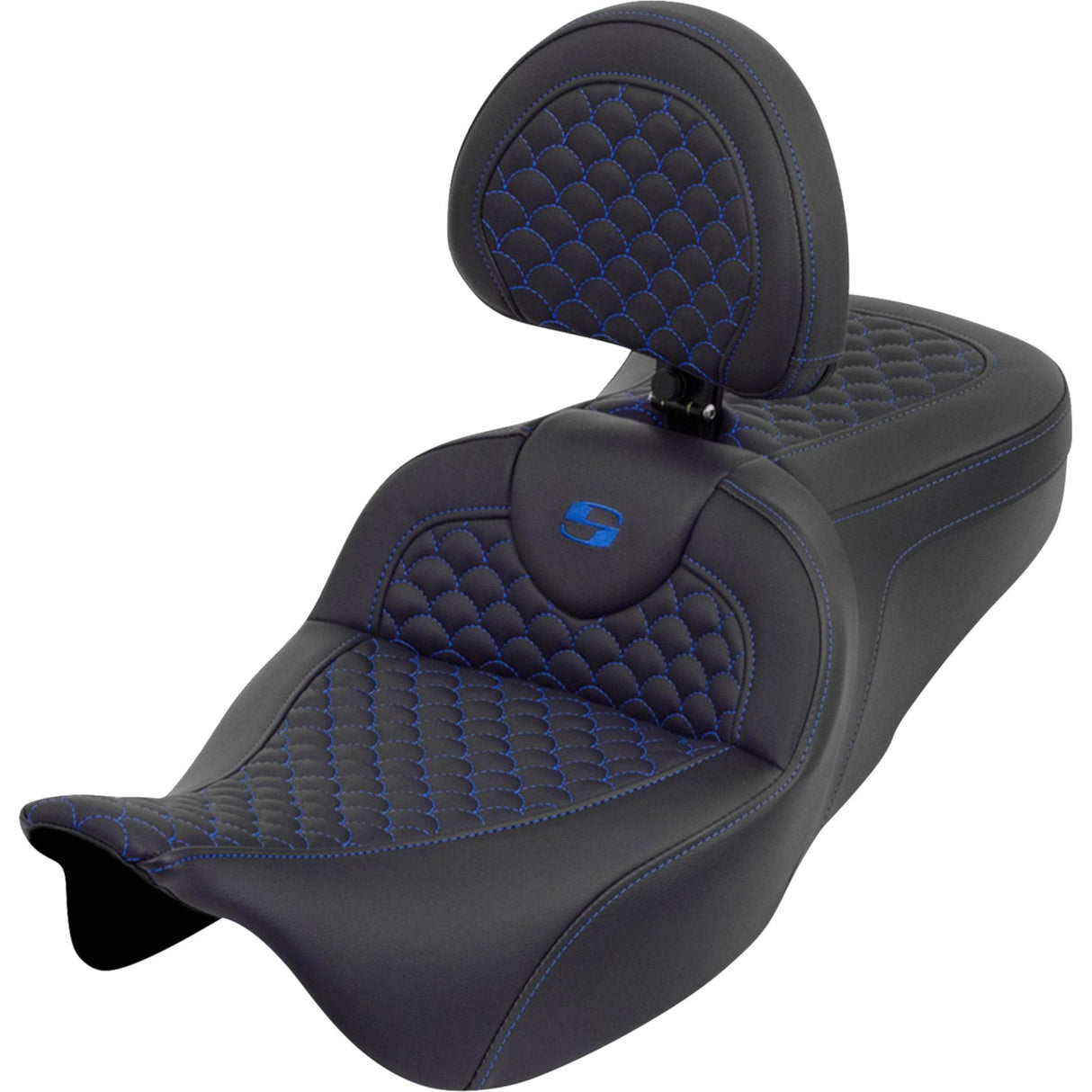 Saddlemen Dragon Scale Stitch RoadSofa™ Seat Blue Stitch With Backrest - 808-07B-208B1 For Harley Touring 2008-2024