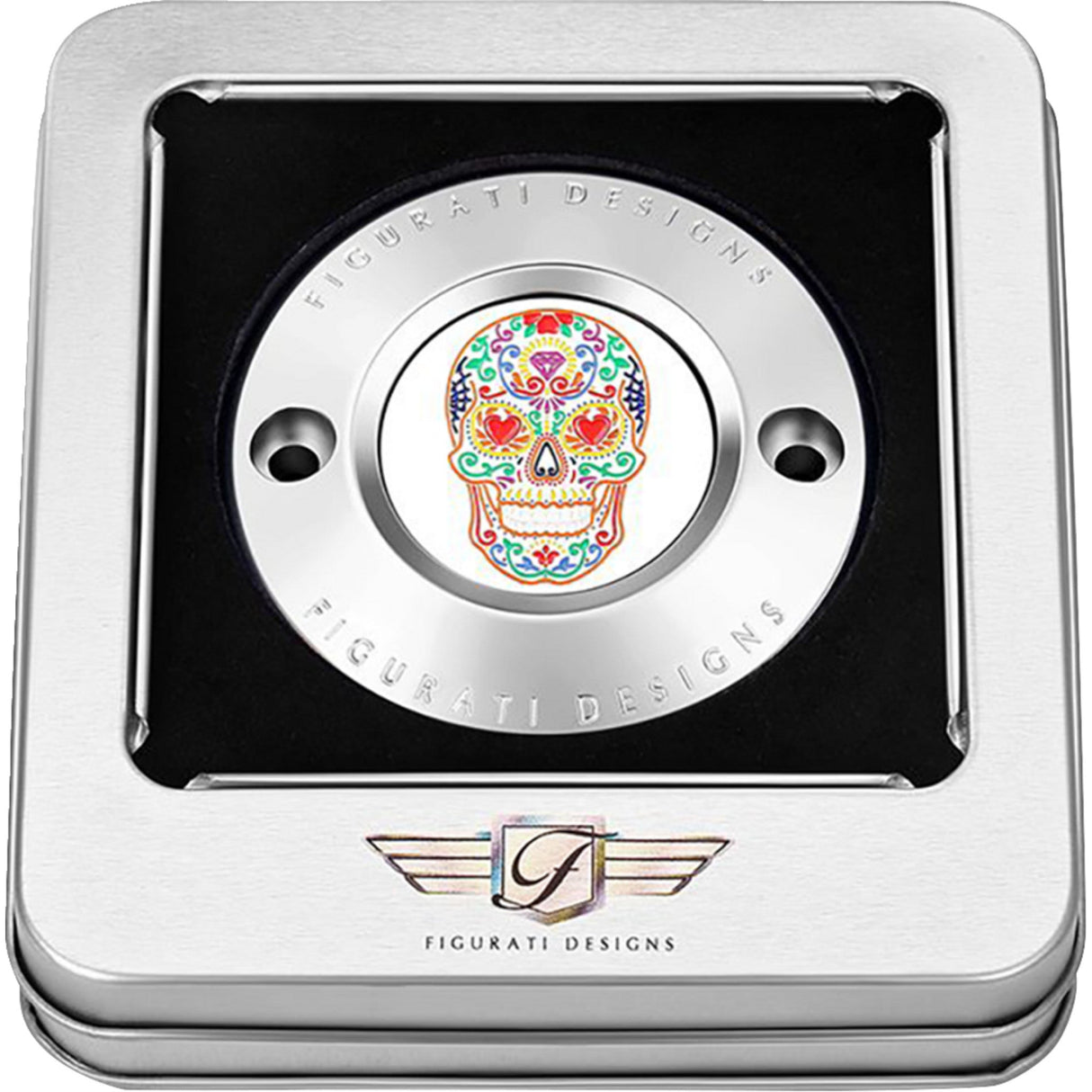 Figurati Designs Timing Cover 2 Hole Sugar Skull Mirror Polished Stainless Steel - FD30-TC-2H-SS For Harley Motorcycles 2017-2023