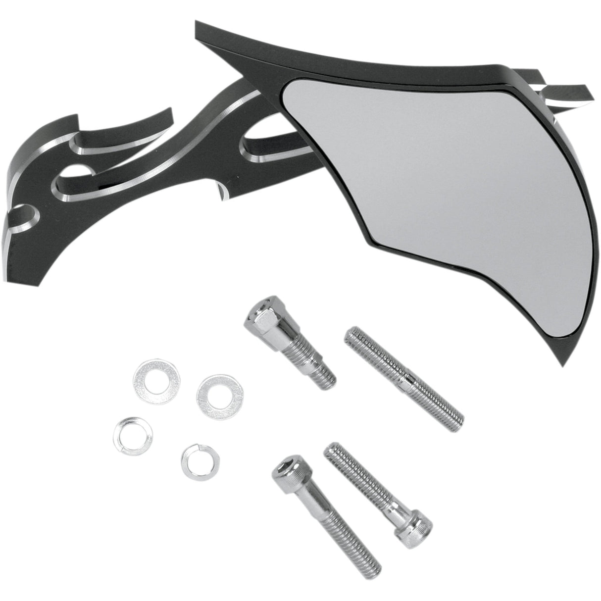 PRO-ONE PERF.MFG. 0640-0246 104230B Billet Aluminum Mirror Mirror - Flame - Side View - Milled - Oblong - Black/Chrome - Right