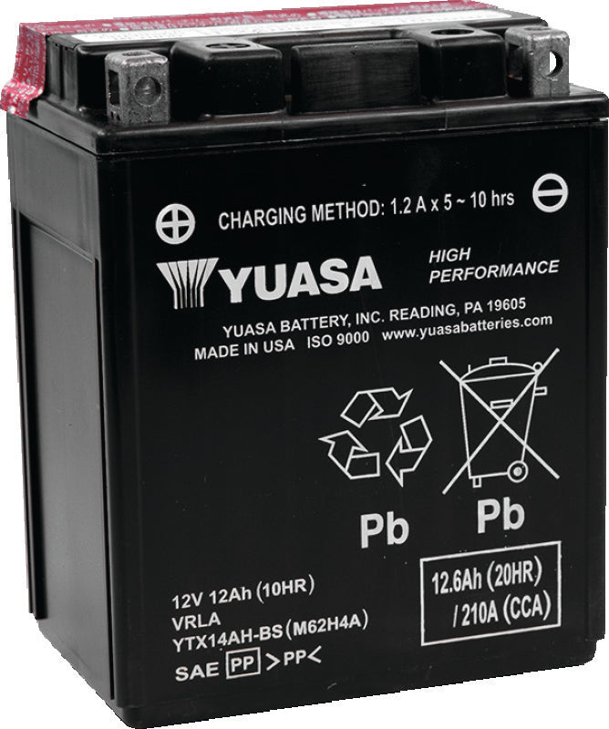 Yuasa Battery YTX14AH-BS High Performance AGM 12-Volt Battery W Bottle - YUAM62H4A Yamaha ATV/UTV Models 1983-1995