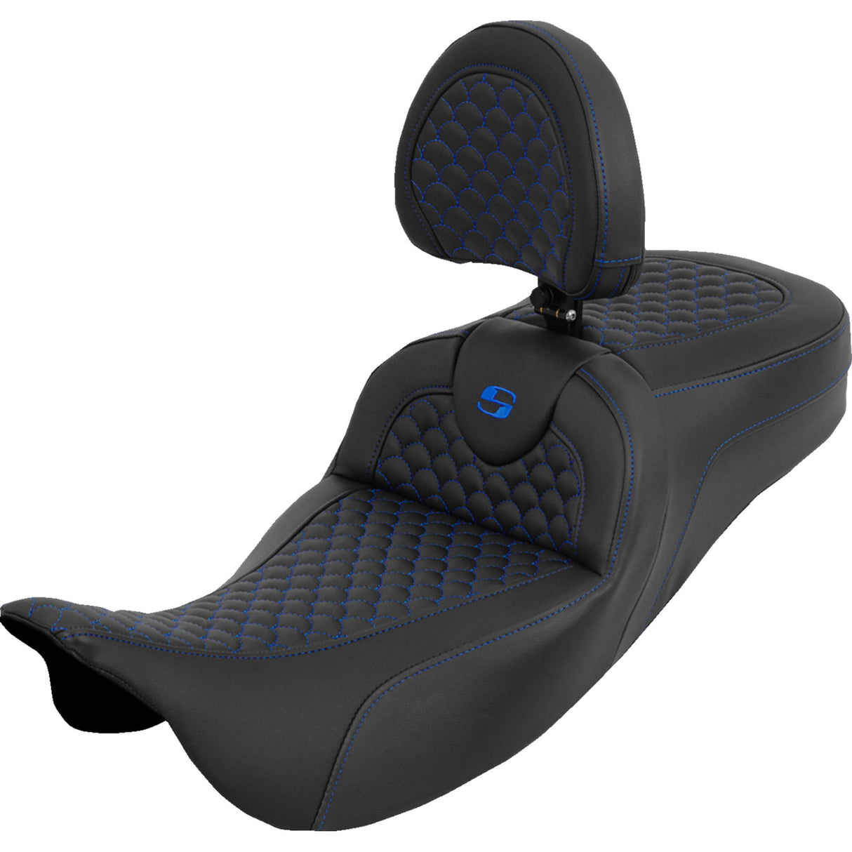 SADDLEMEN 0801-2280 808-07B-209B1 Dragon Scale Stitch RoadSofa™ Seat Extended Reach Roadsofa™ Seat - Dragon Scale - Blue Stitch - with Backrest - Touring '08-'25