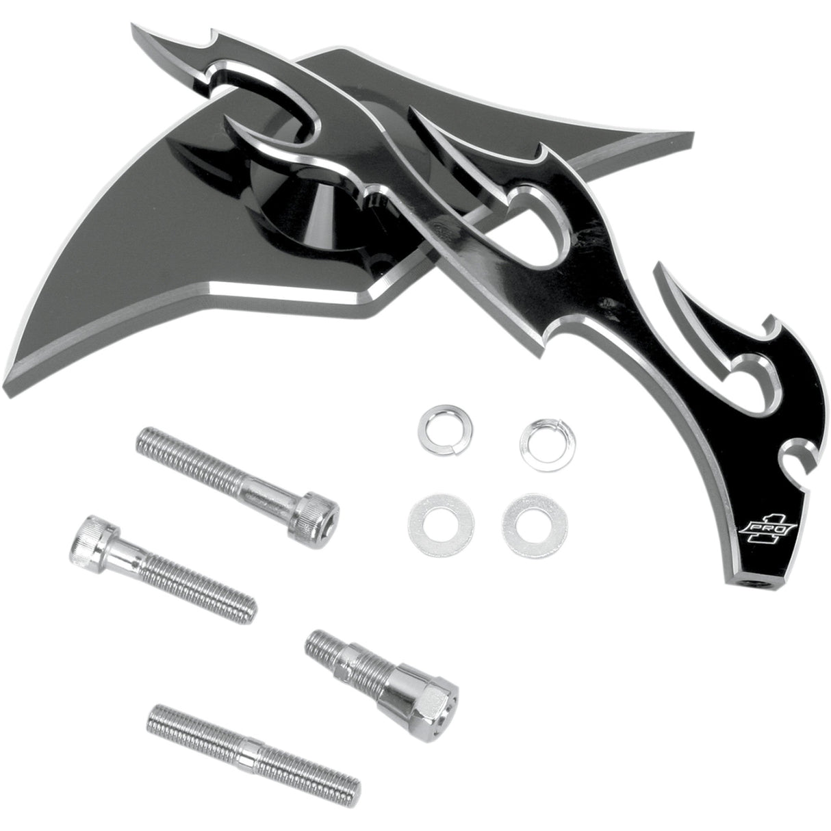 PRO-ONE PERF.MFG. 0640-0246 104230B Billet Aluminum Mirror Mirror - Flame - Side View - Milled - Oblong - Black/Chrome - Right