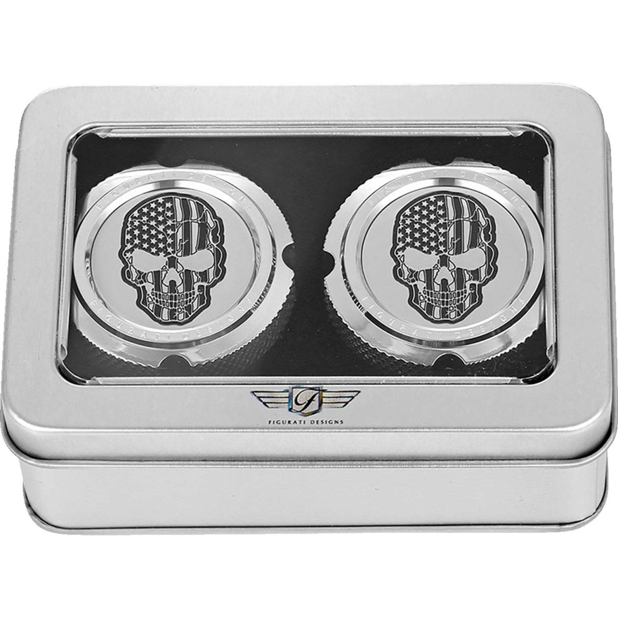 Figurati Designs Front Axle Nut Cover Front Stainless Steel American Flag Skull Contrast Cut Silver - FD27-FAC-SS For Harley Motorcycles 2002-2022