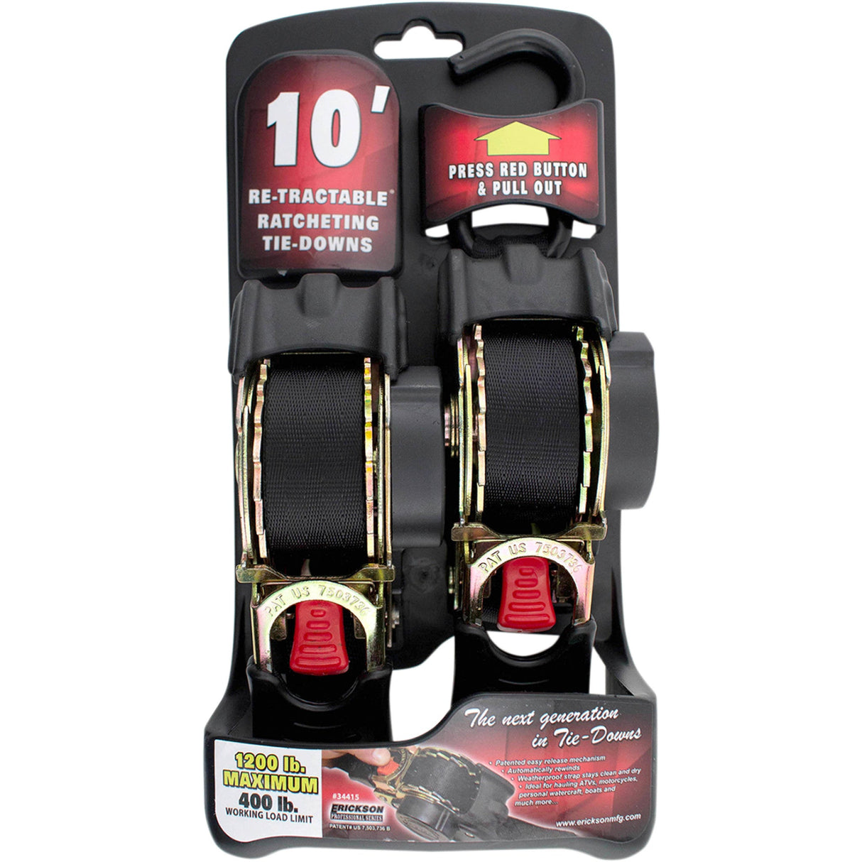 ERICKSON 3920-0420 34415 Retractable Ratcheting Tie-Downs Retractable Ratchet Tie-Downs - 10' - Black