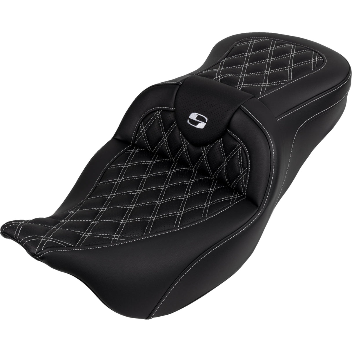 Saddlemen Roadsofa™ Lattice Stitch Seat With Backrest White Stitch - 808-07B-182B6 For Harley Touring 2008-2025