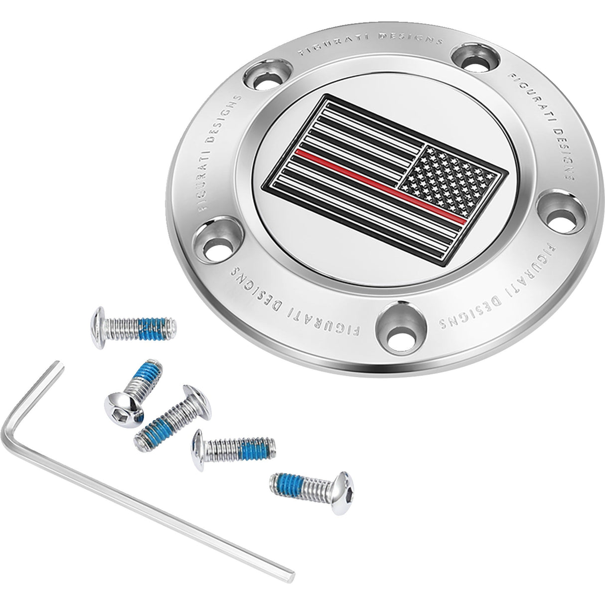 Figurati Designs Timing Cover 5 Hole Red Line American Flag Stainless Steel - FD73-TC-5H-SS For Harley Motorcycles 1999-2017