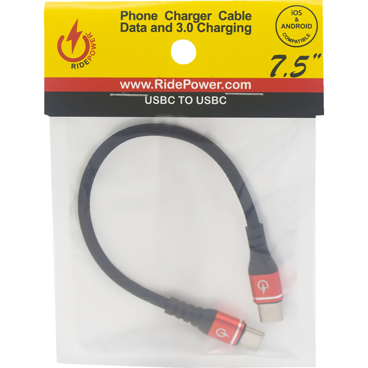 RIDEPOWER 3807-0717 RPUSBCUSBC75 7-1/2" Male USB-C to Male USB-C Heavy-Duty Rated Phone Charging Cable Male USB-C to Male USB-C Cable - Phone Charger - Heavy-Duty - 7-1/2" - Black/Red