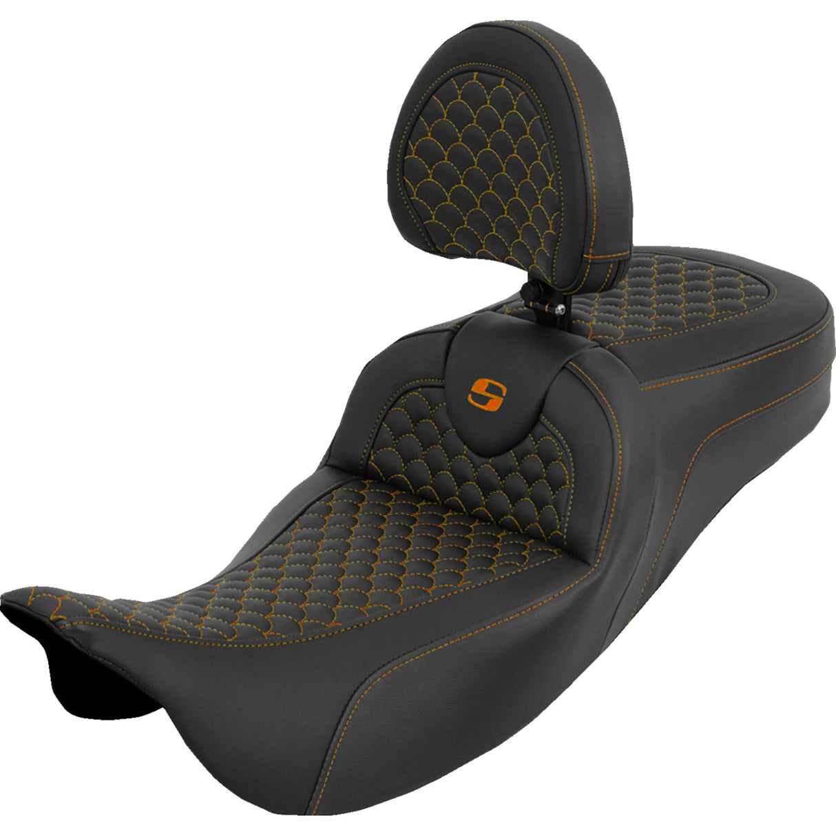 Saddlemen Dragon Scale Stitch RoadSofa™ Seat Orange Stitch With Backrest - 808-07B-209B3 For Harley Touring 2008-2025