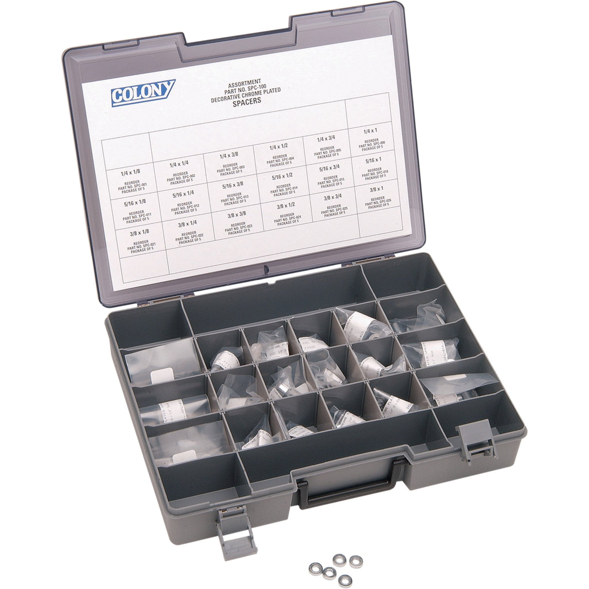 COLONY 2402-0086 SPC-100 Spacer Assortment Kit Spacer Kit - Chrome - 1/4" - 3/8"