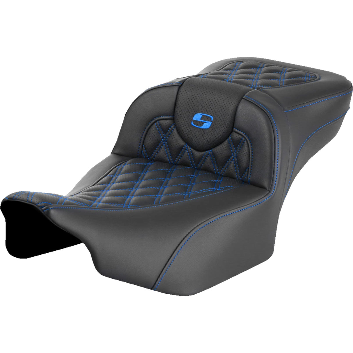 SADDLEMEN 0801-1725 823-07-18401 Roadsofa™ Extended Reach Seat - without Backrest - Lattice Stitch - Blue Stitch - FLTR/FLHX 23-24